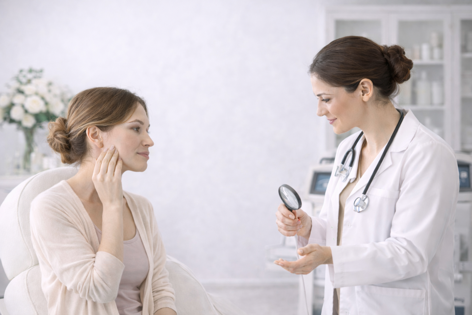 A person sitting in a consultation with a doctor, looking at a screen together with a calm and focused expression.